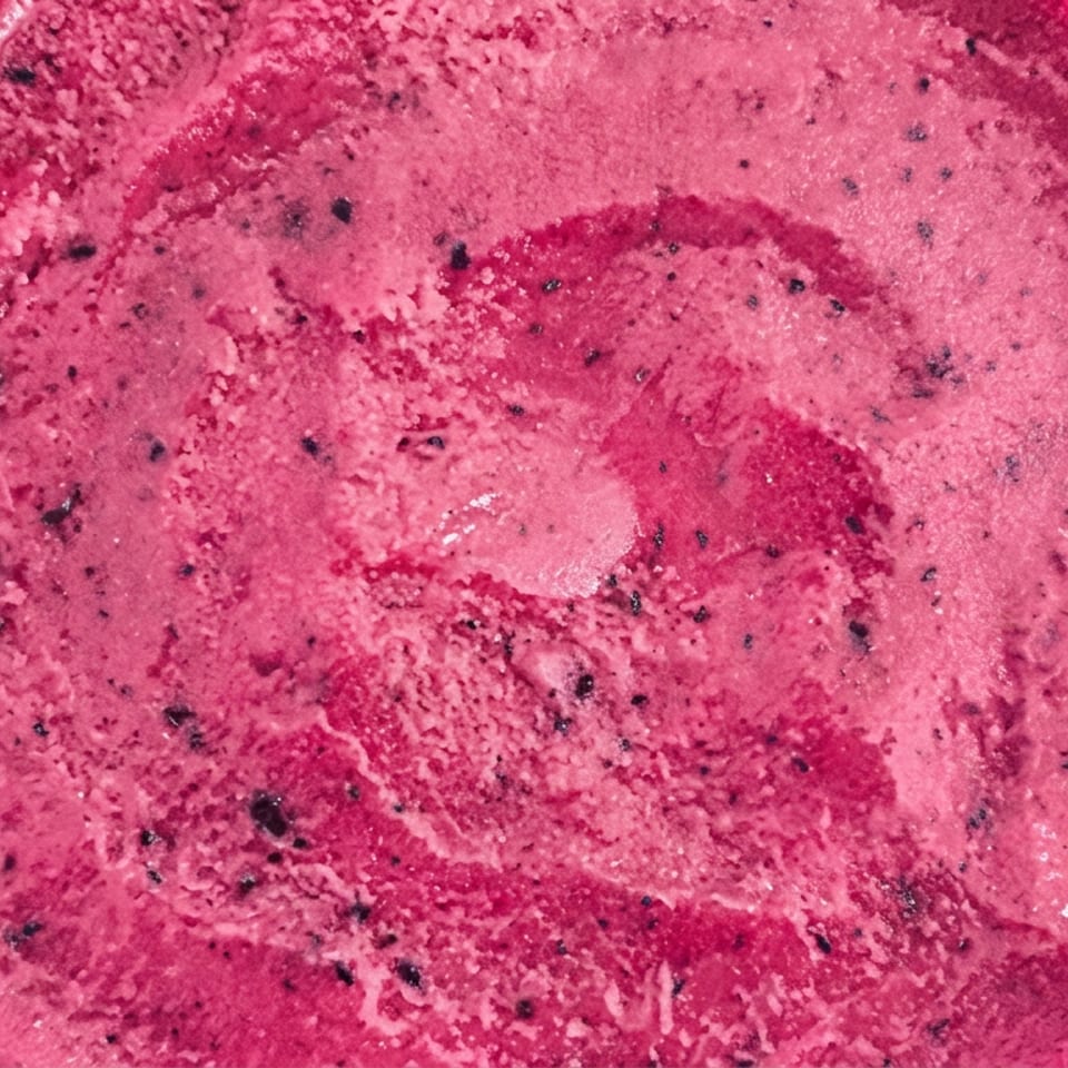 Close-up of a vibrant pink frozen dessert with dark berry-like specks in a round dish.